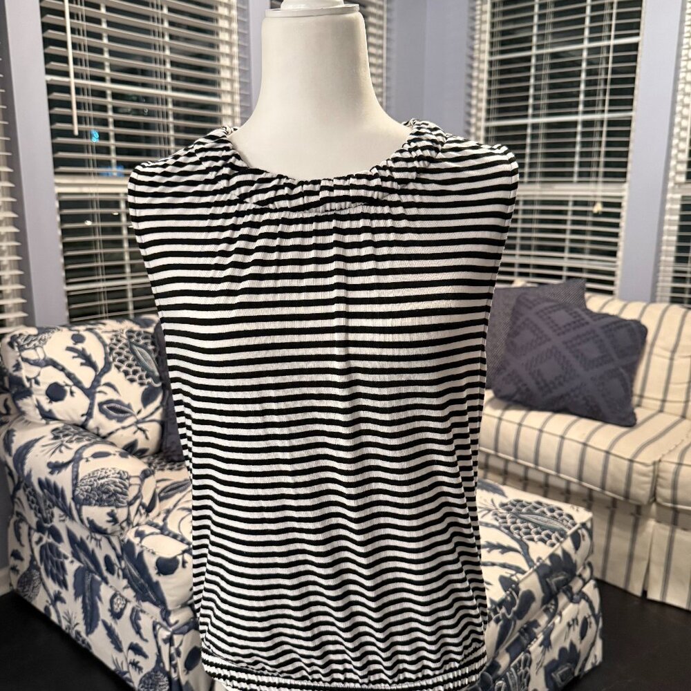 CAbi Black and White Striped Sleeveless Top S
